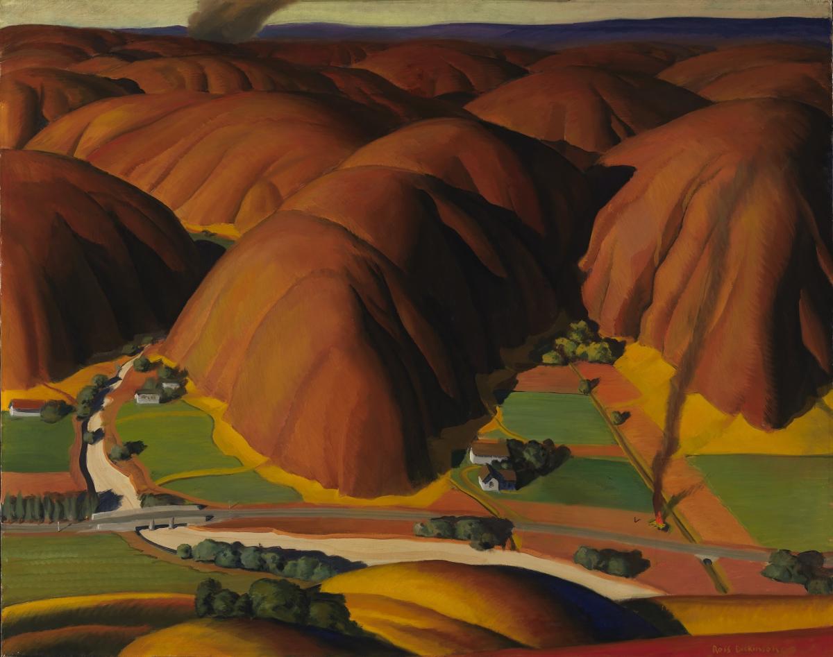 A painting of lush hills and stark valleys in California