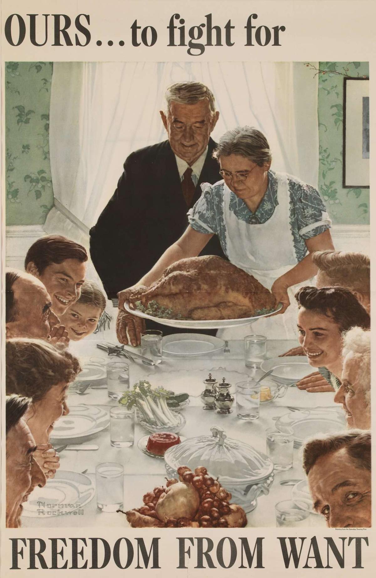 An illustration showing a woman serving a roasted turkey to a group of guests at a dinner table