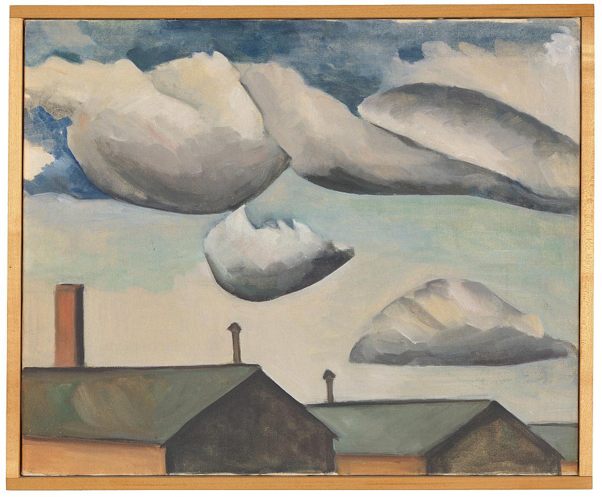 A painting of clouds on a blue sky over two roofs with chimneys