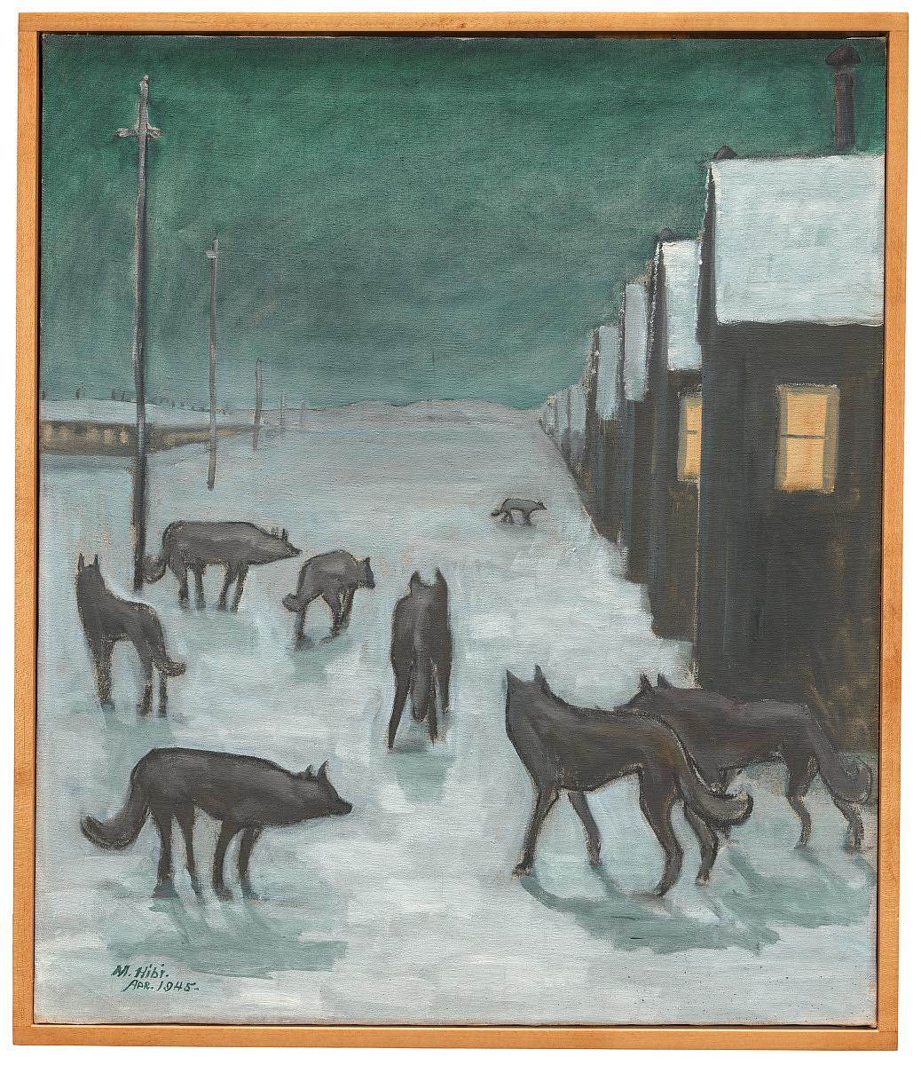 Painting of coyotes outside homes in a snowy desert