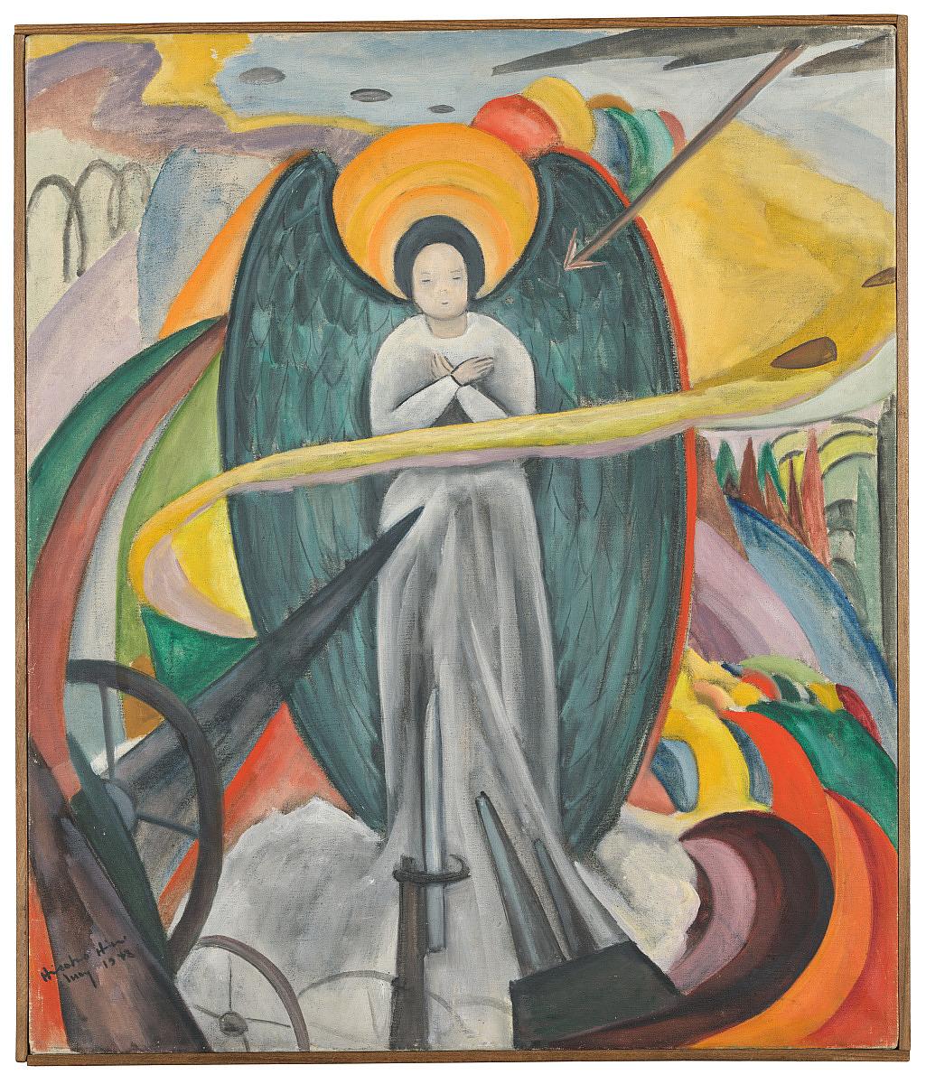 Painting of an angel facing weapons