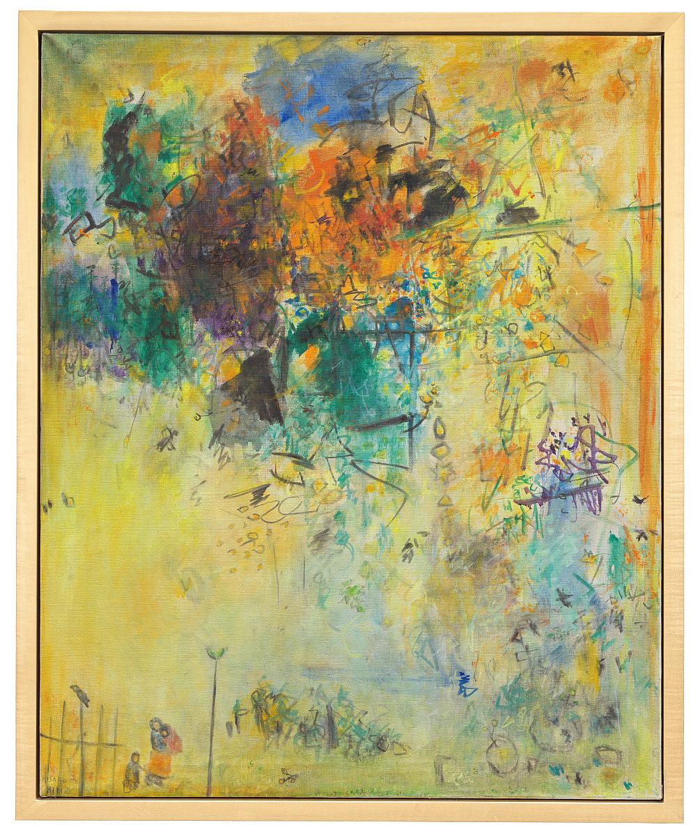 Abstract painting with yellow, orange, blue, green, and brown tones