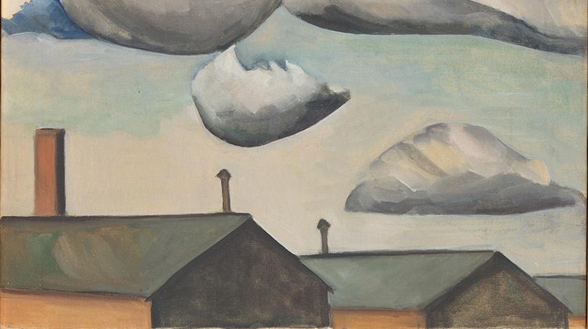Blog - Hibi, home page crop Detail of painting showing the roofs of building and clouds floating over them.