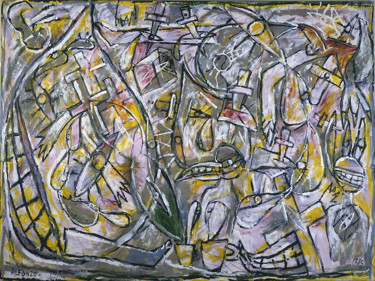 Abstract painting with yellow, orange, blue, green, and brown tones