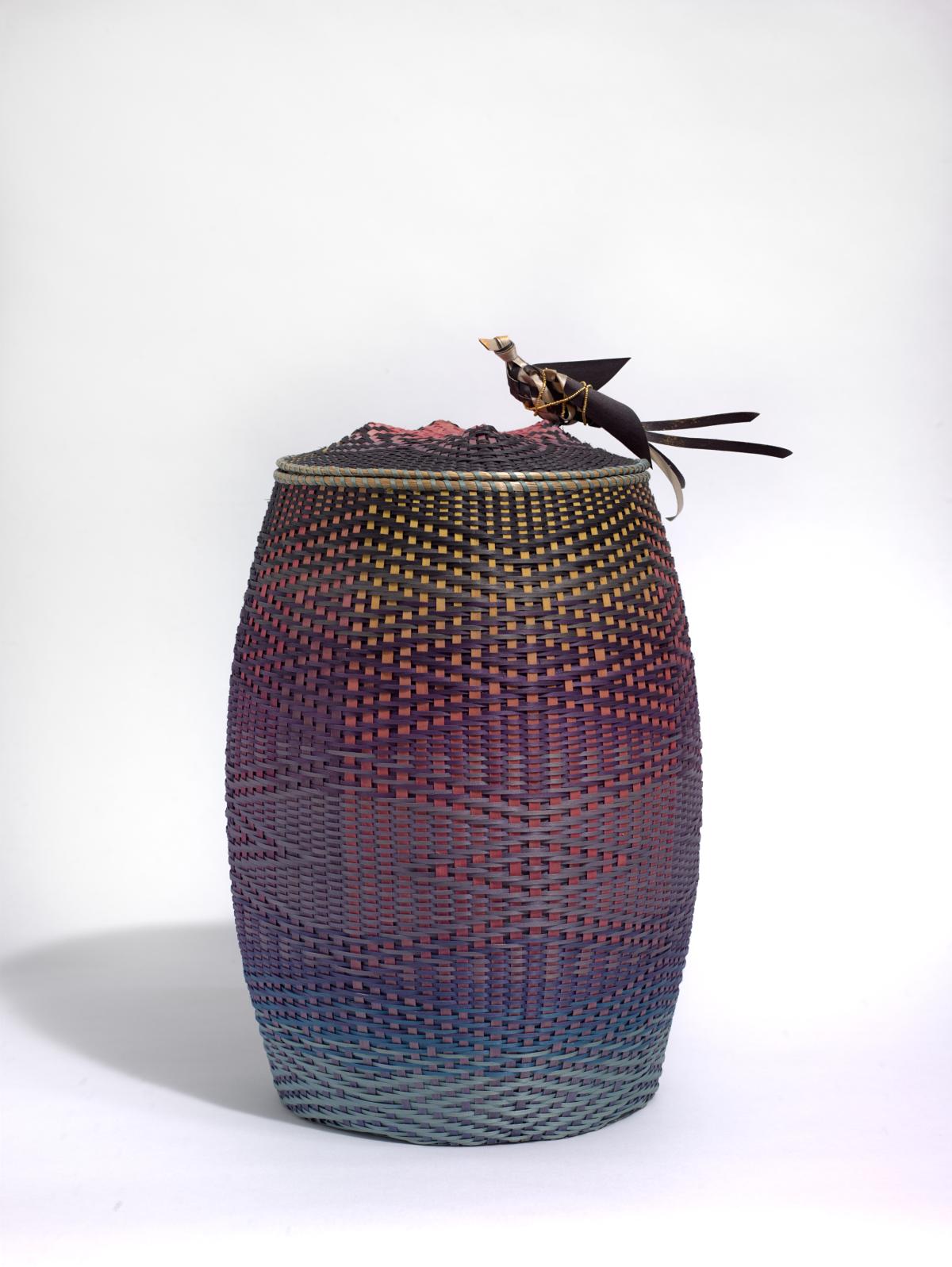 A multi-colored, woven basket