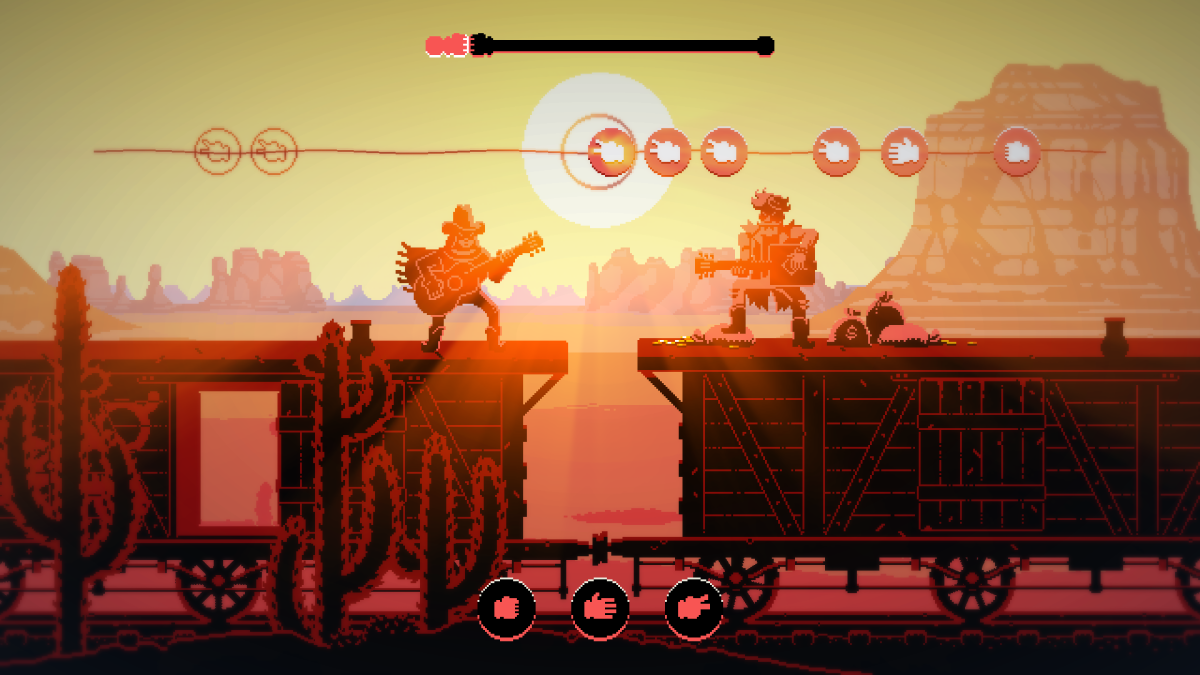 A screenshot of a video game with two people on top of a moving train in the desert with the sun in the background