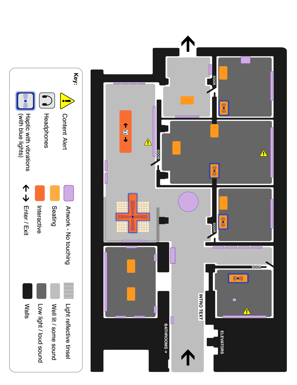 Overhead view of gallery shaded by light and sound level with art, bench, and sensory indicator