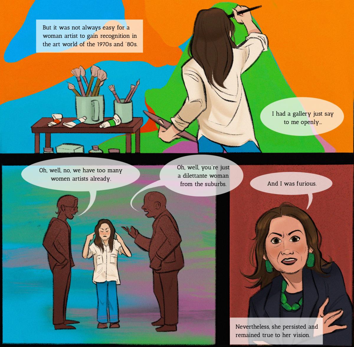 The panel goes behind the first panel, where Kay stands with her back toward us in the center. She is wearing a white blouse with her sleeves rolled-up. She holds a palette on one hand while using a brush to paint the background behind her. Her painting consists of orange, blue, green, and a little red and purple on the bottom, the colors in irregular shapes. Text reads: “Her early paintings were figurative works done in colorful acrylics.” A wooden table on the left side of Kay has several brushes in two a