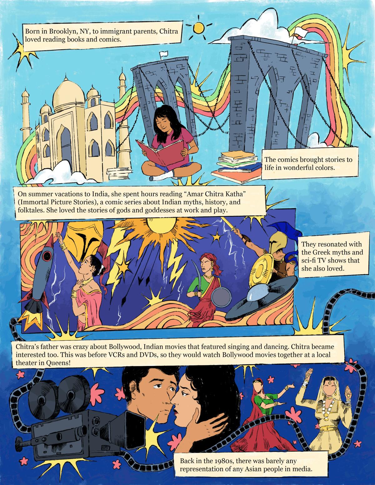 Illustration and description of Chitra's childhood, growing up between New York and India, with Indian comics and Bollywood scenes.
