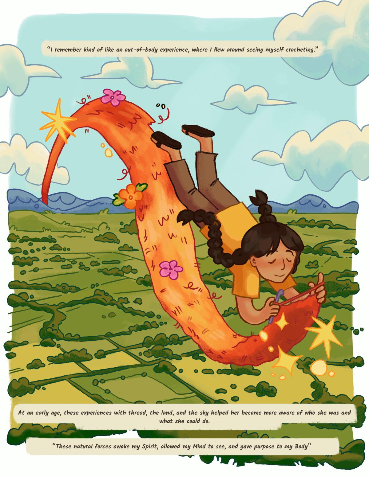 Illustration of a young Consuelo flying over the US/Mexico border holding onto her long swath of crocheted fabric, with descriptive text.