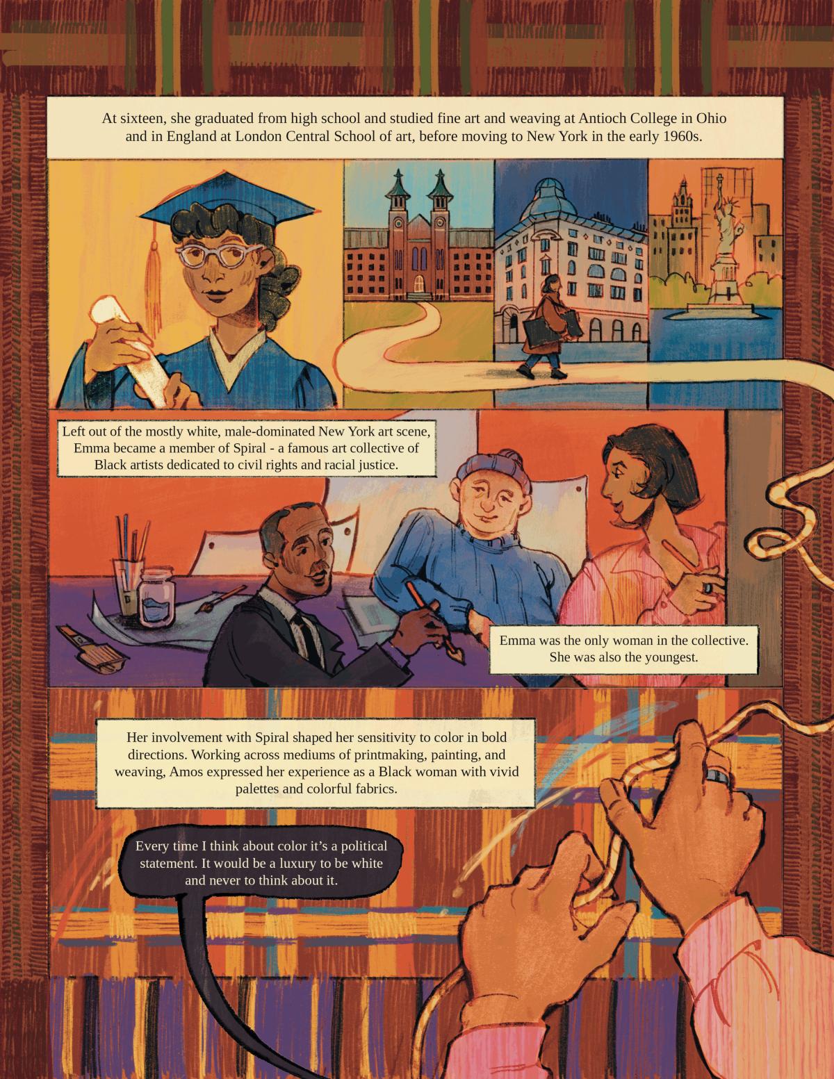 Illustration with text of Emma graduating from college, traveling, and becoming a member of Spiral.