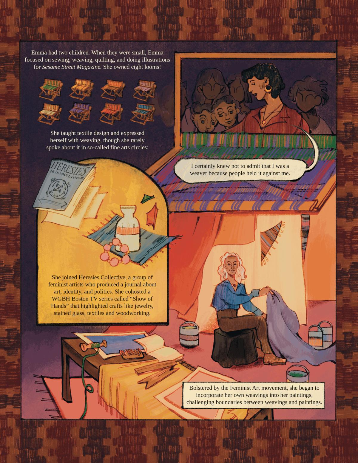 Illustrated vignettes with descriptive detail show Emma's weaving, teaching, and involvement in Heresies Collective.