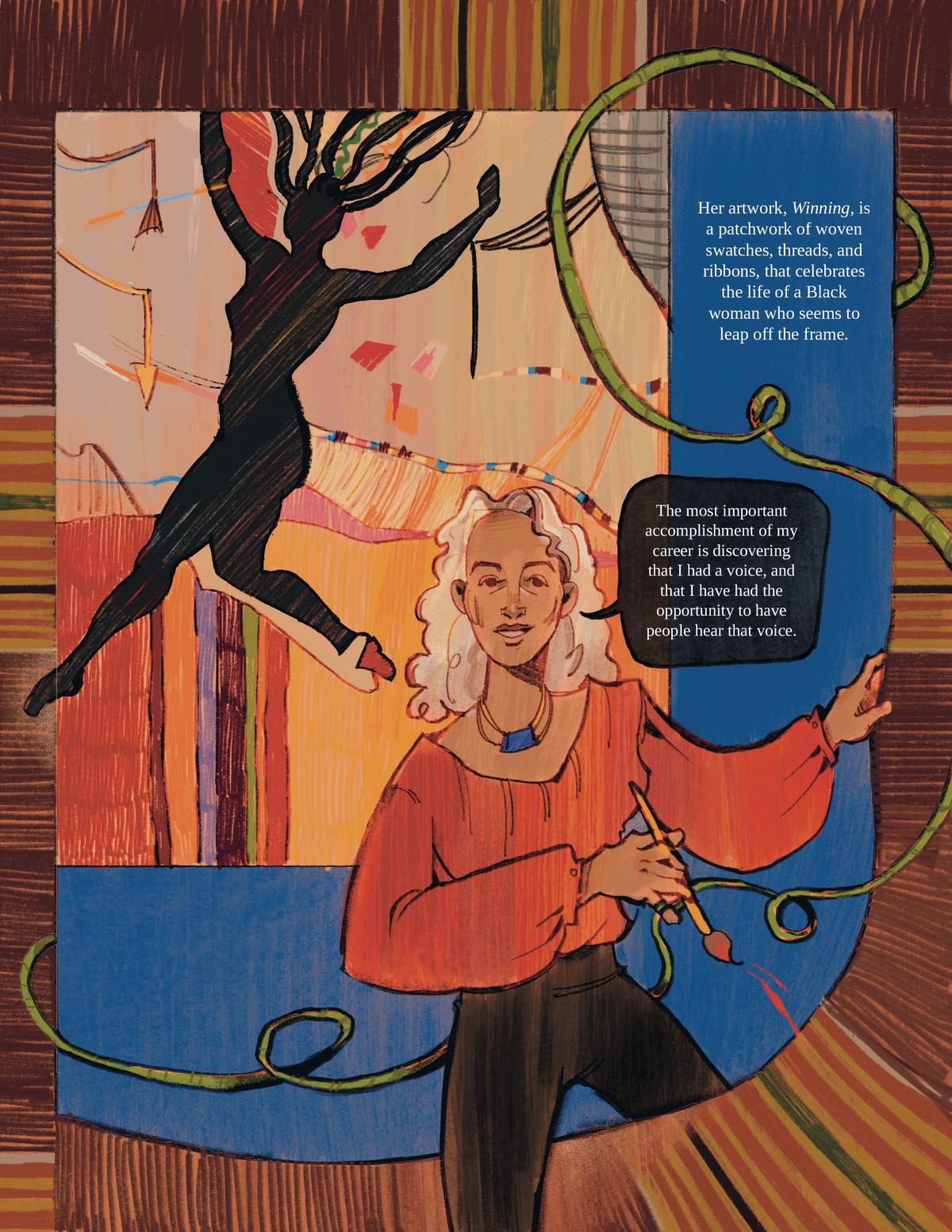 An adult Emma emerges from the woven border of her multi-media piece Winning, with text above her.