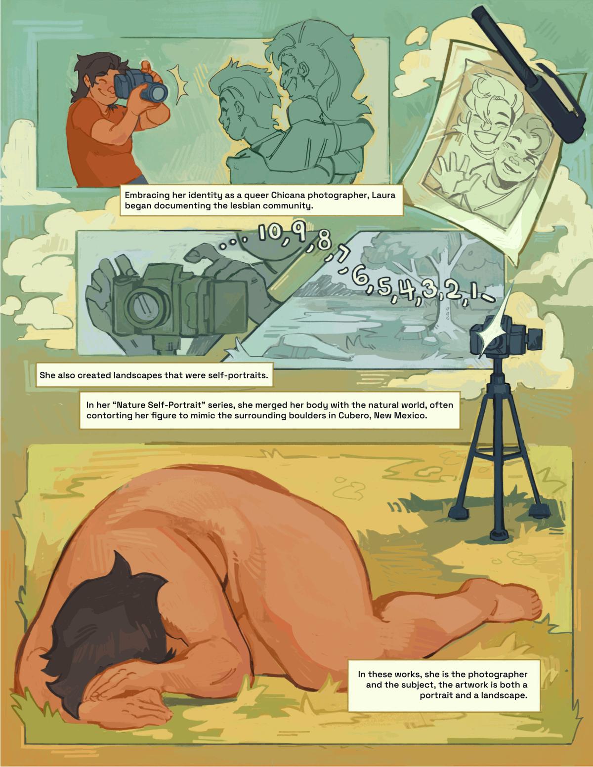 Illustration and written description of Laura's journey photographing queer Chicana communities and creating self-portrait landscapes.