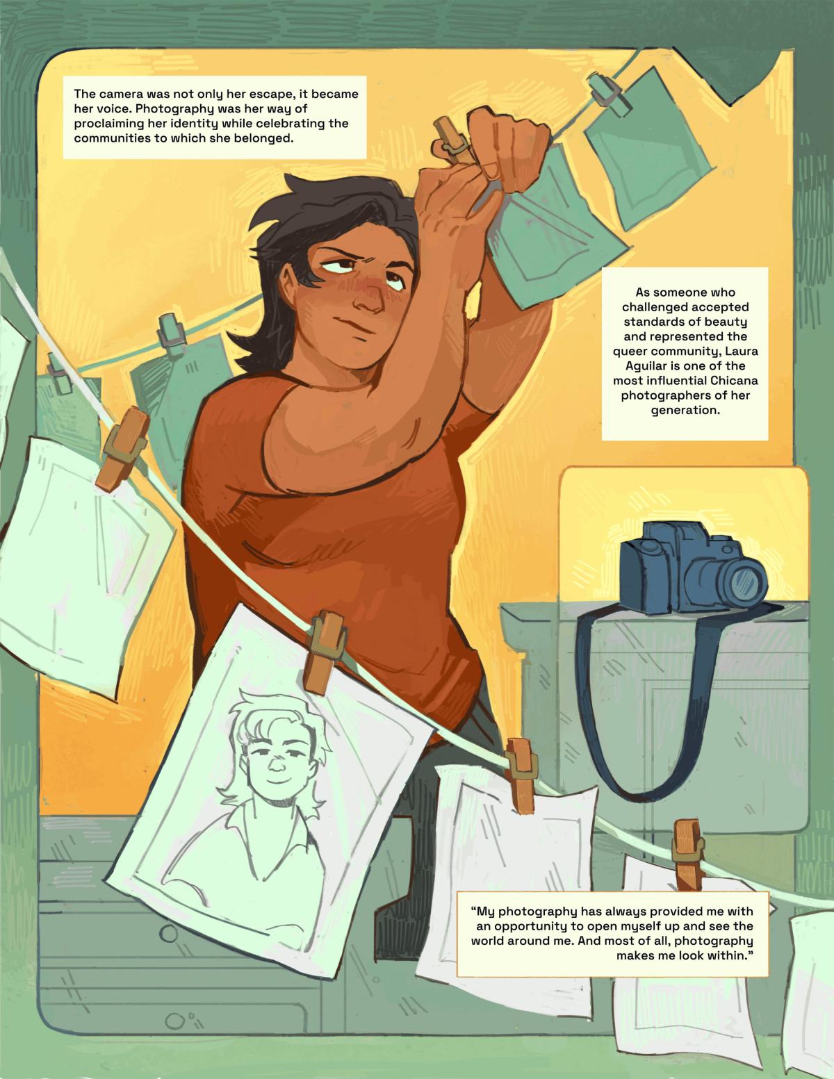 Illustration of Laura hanging photos on a clothesline to develop, with written description.