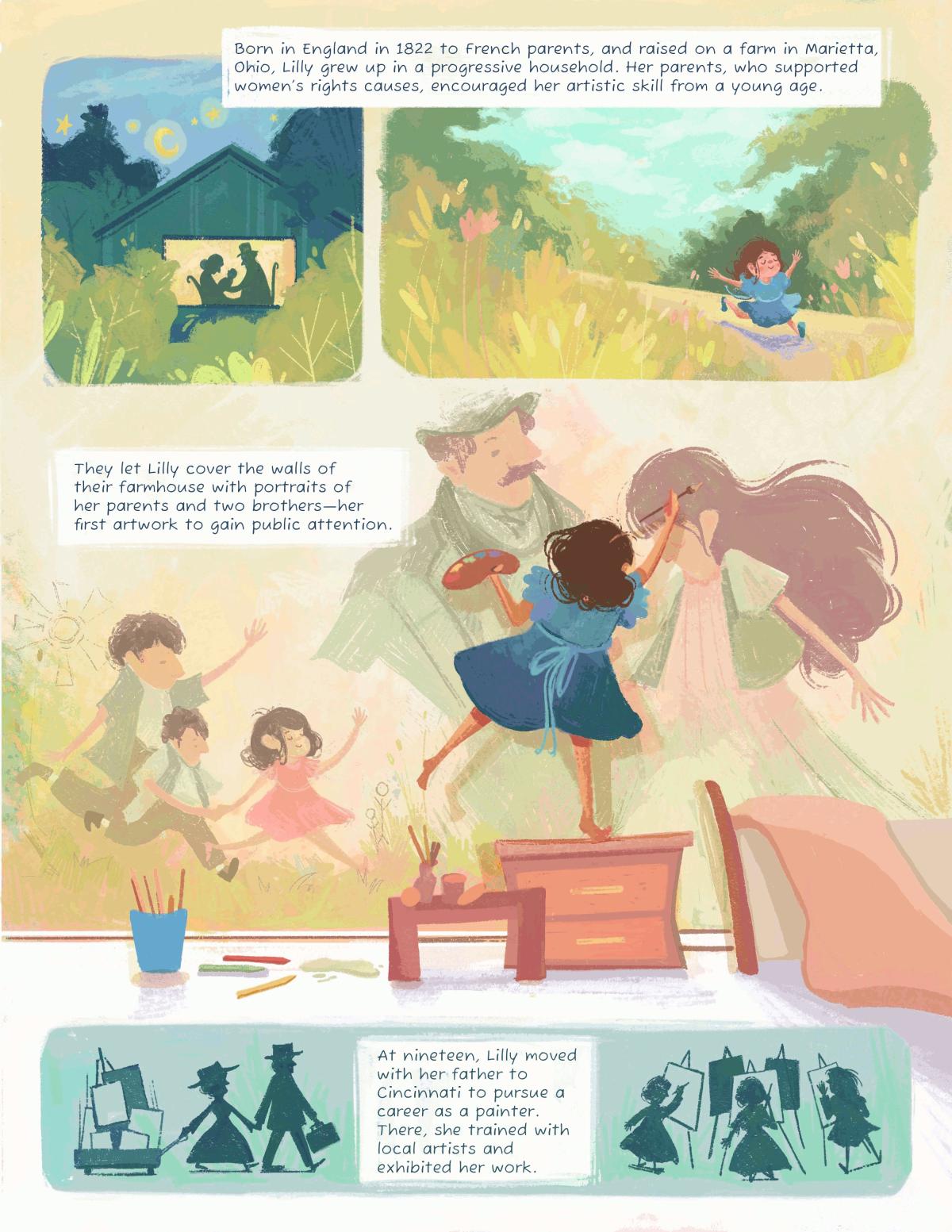 Illustrated panels of Lilly growing up in Ohio, painting on the walls of her bedroom, with written description.
