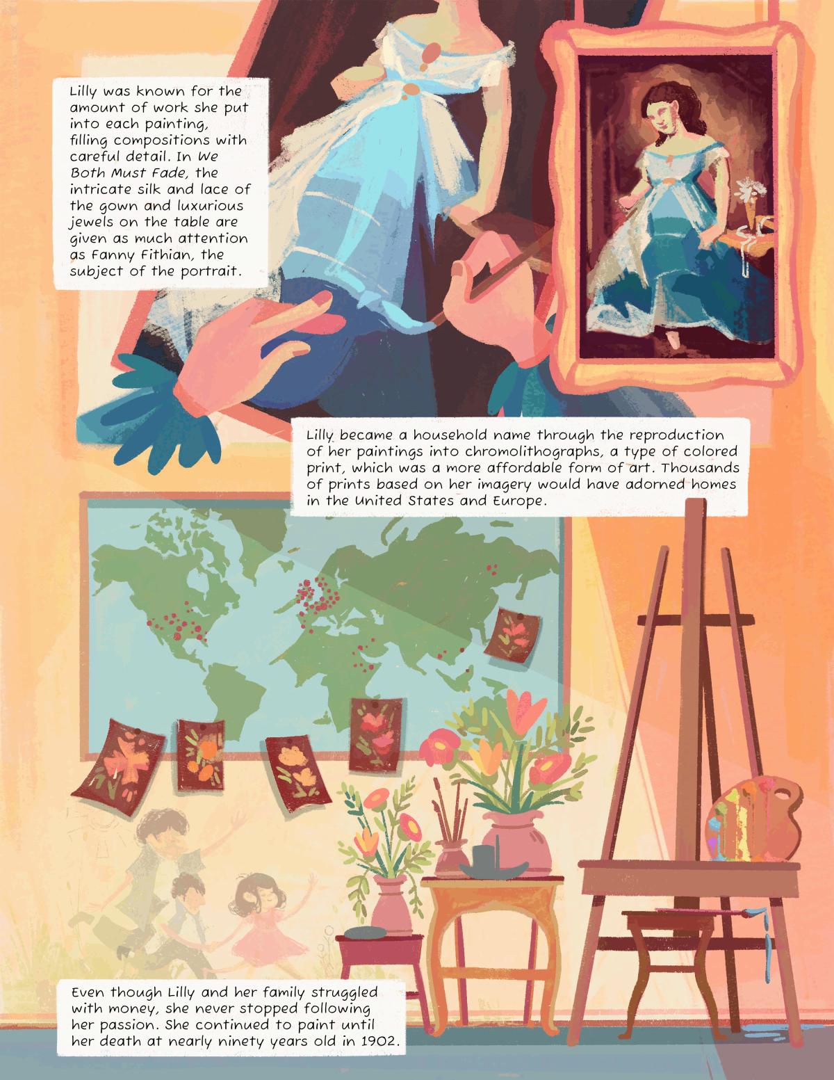 Illustrations and written description of Lilly creating her work We Both Must Fade above a rendering of her home studio.