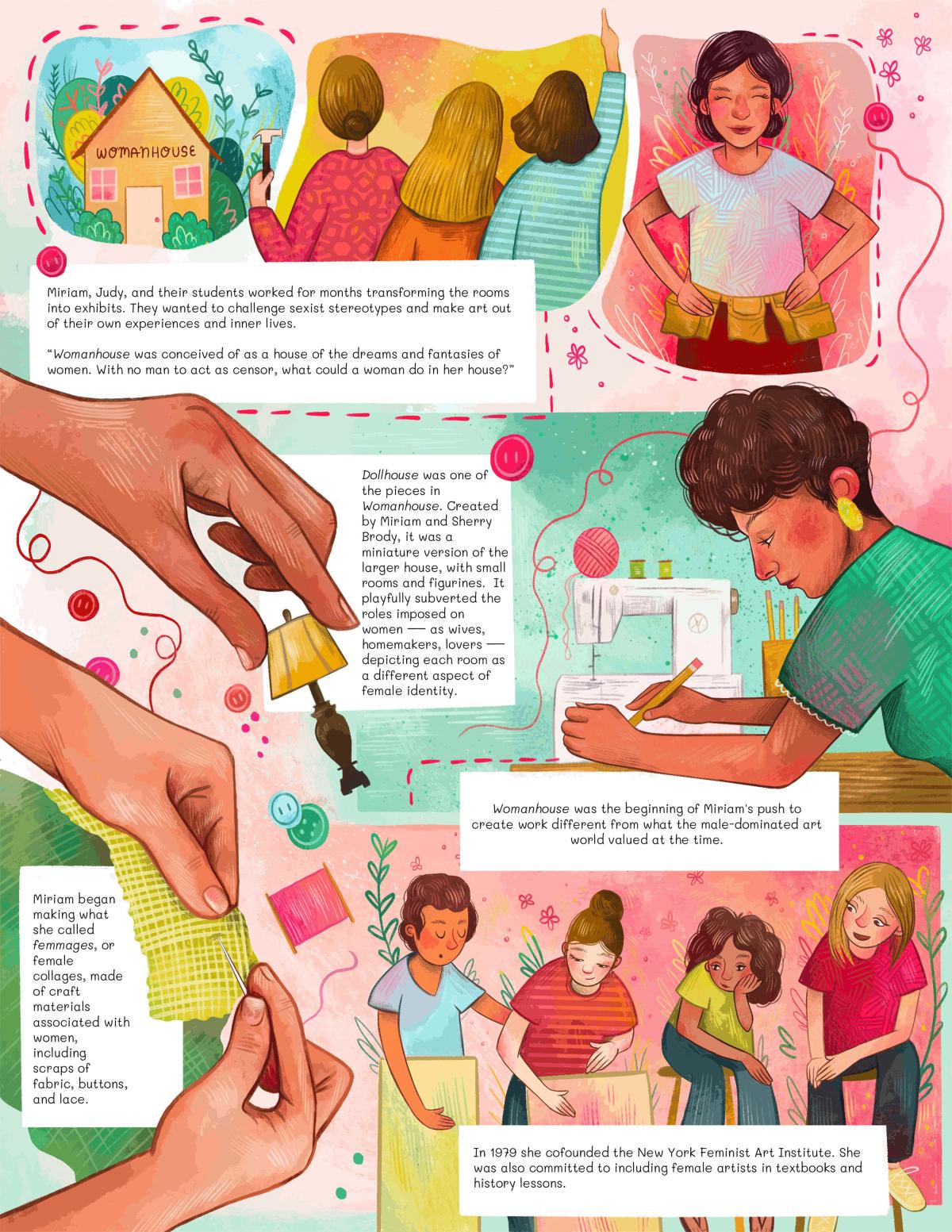 Illustrations and written description of Miriam and her students creating Womanhouse, Miriam creating multi-media femmages, and later teaching in New York.