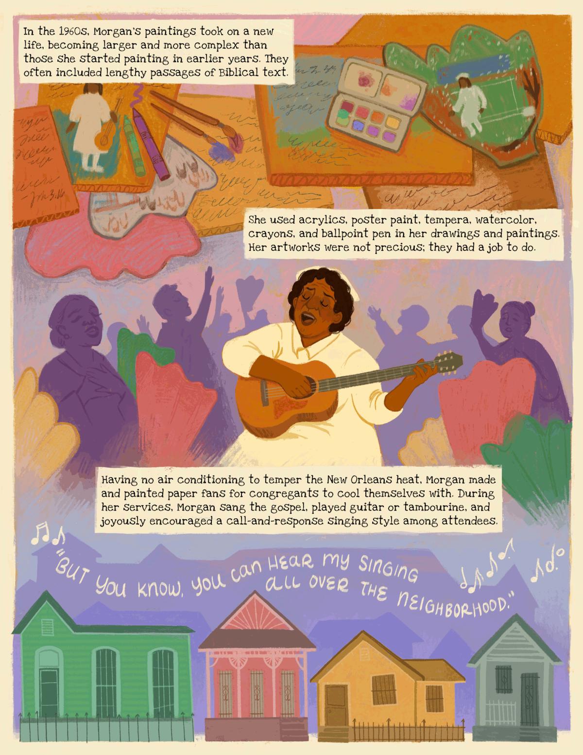 Illustrations and description of Sister Gertrude creating decorative fans and singing during church services.