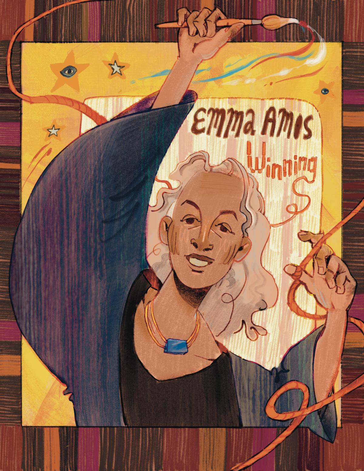 A woman with long gray hair holds a thread in one hand and artwork tools in the other. 
