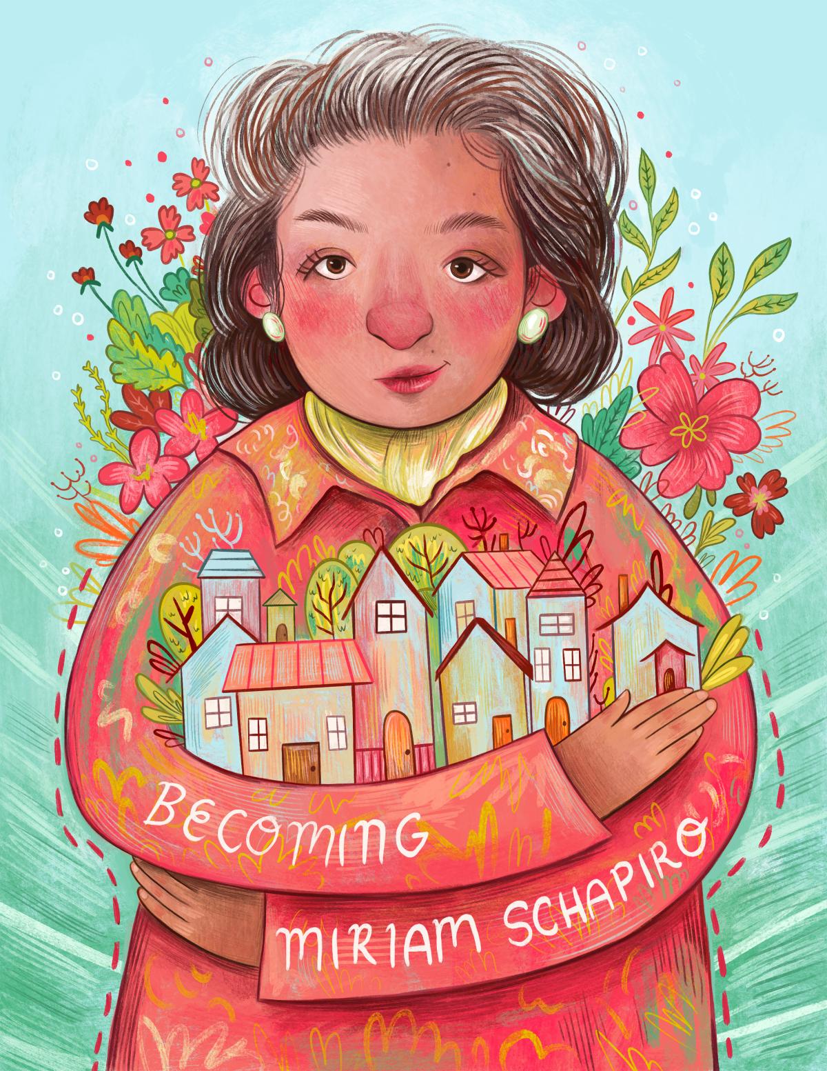 A woman with graying hair wears a red coat and in her arms she holds a series of miniature houses.