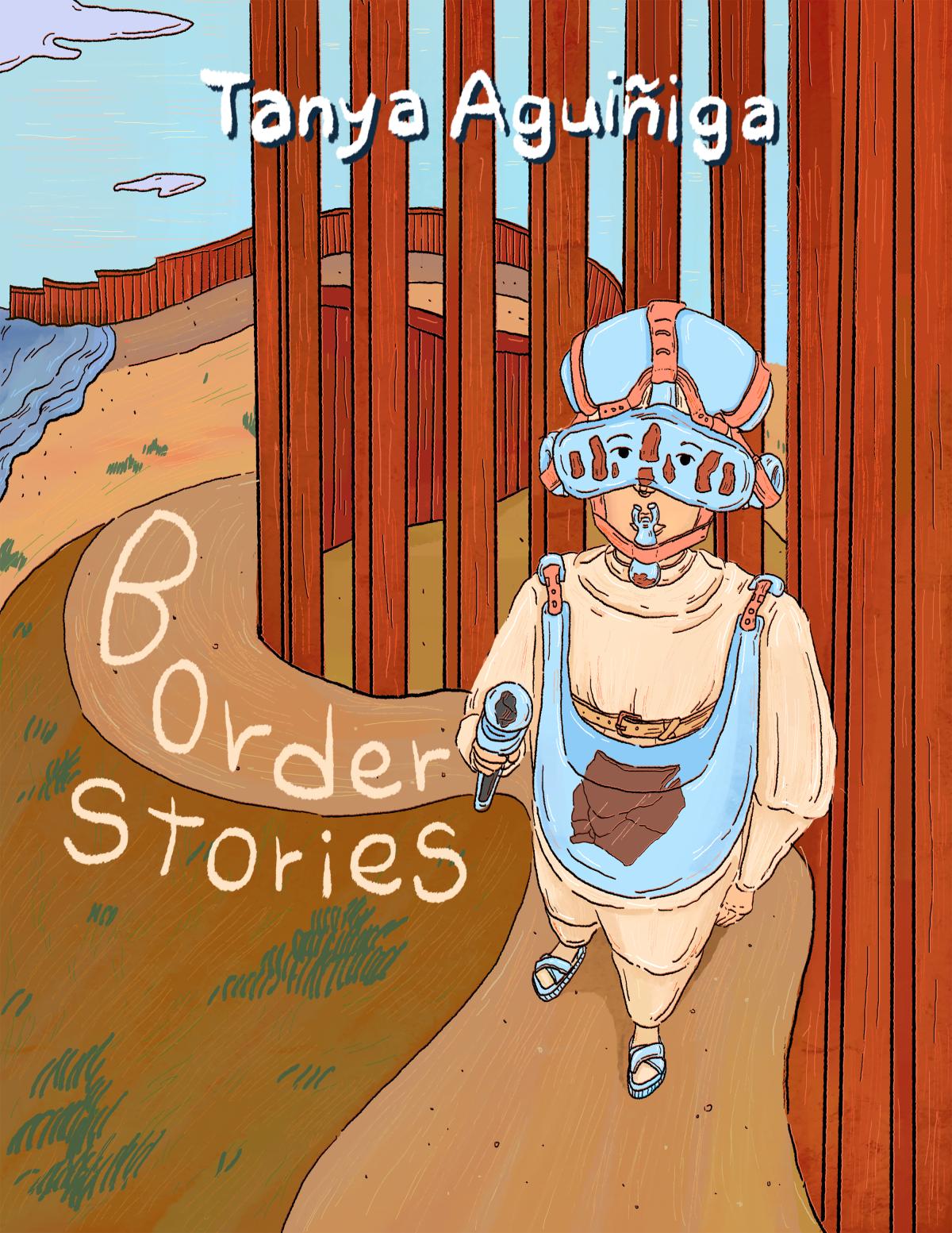 A woman in a specially designed suit made of non-traditional materials stands at the souther border, in front of a rusty metal fence.