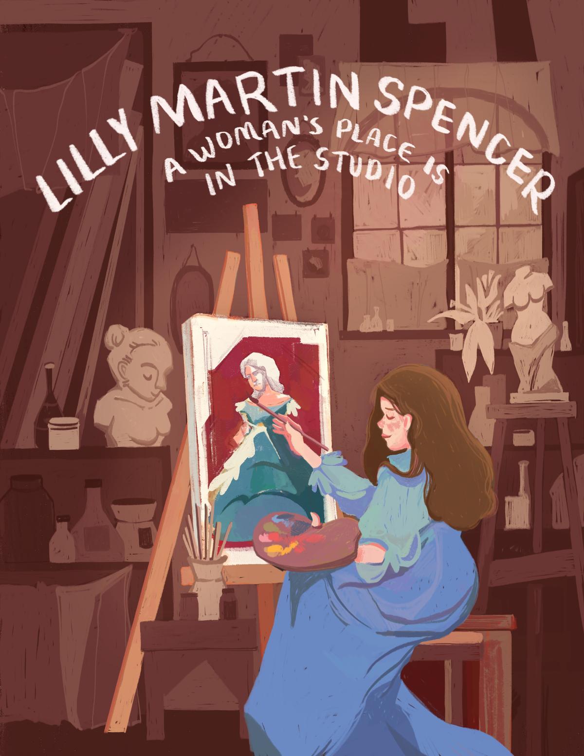 A woman in a long blue dress sits at an easel and paints a scene of a woman in a long gown.