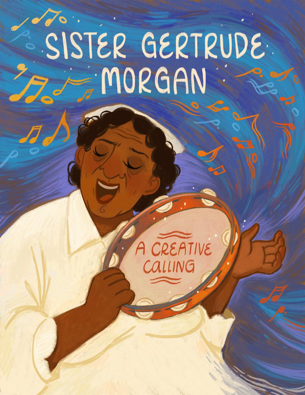 A woman dressed in white plays the tambourine while singing and musical notes float around her on a blue background