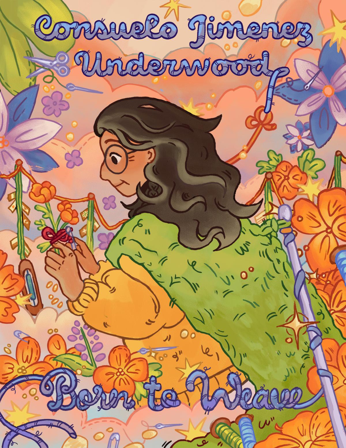 A woman with long hair and a green cape holds tools for weaving in her hands against a blooming floral background.