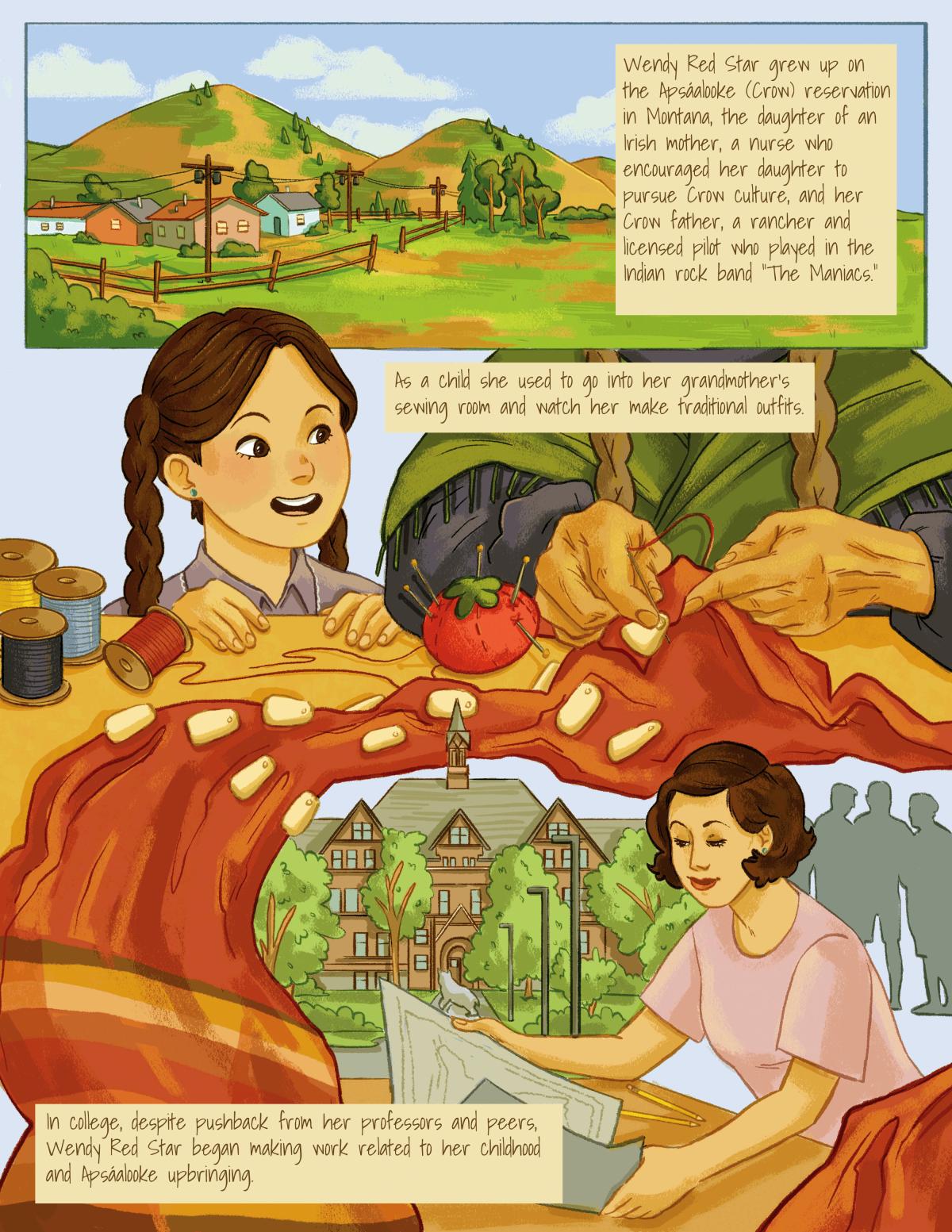 An illustration and description of Wendy's childhood: the Apsáalooke reservation, her grandmother sewing, and her making art in college. 