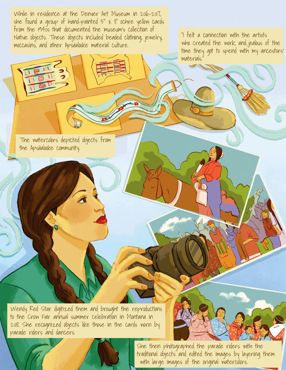 Illustration of Wendy with the inspiration postcards and photos for her series Accession, with text boxes throughout. 