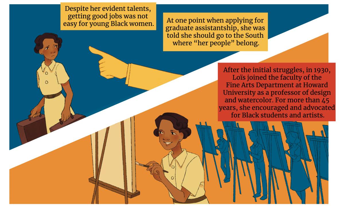 On the left, Against a blue background, an arm, silhouetted in pale yellow, points Loïs away as she looks towards them in sadness. On the right, Loïs, wearing the same cream-colored dress paints on an easel while students behind paint on their own easels. Her face beams with joy, and she is focused on her canvas.