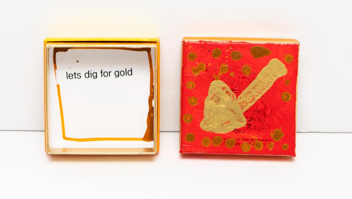 Two sections of an artwork with the words Lets Dig for Gold
