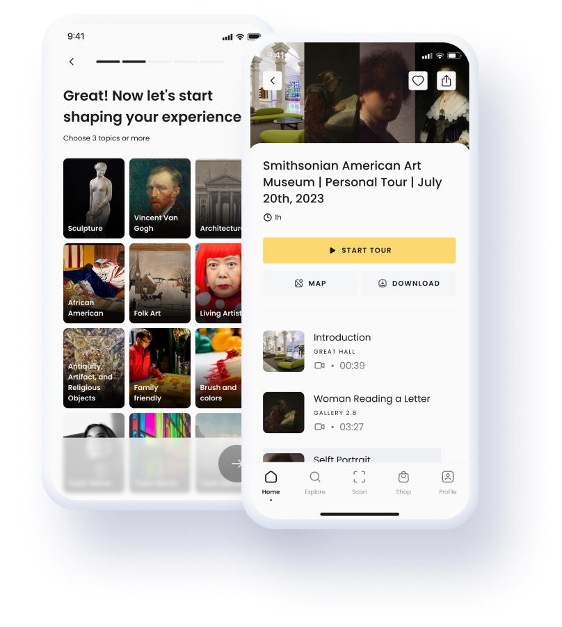 Two cellphones showing various views of the Smartify app