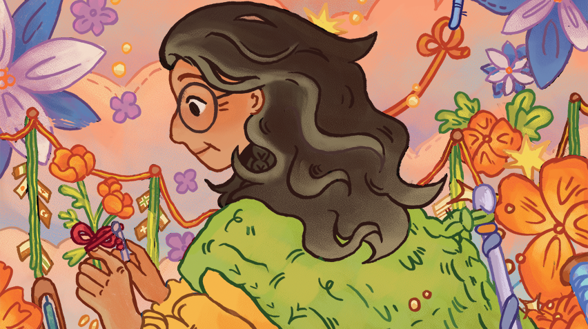 Illustration of a woman surrounded by flowers.