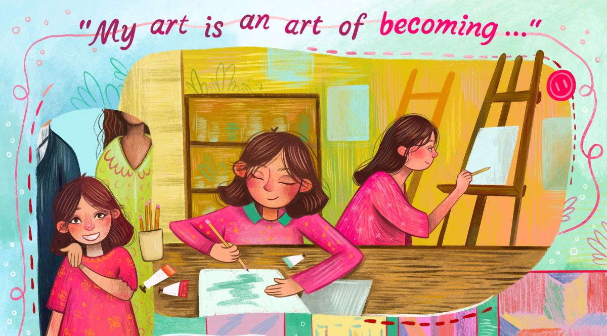 Detail of comic showing an illustration of a young girl drawing and painting and the words "My art is an art of becoming..."