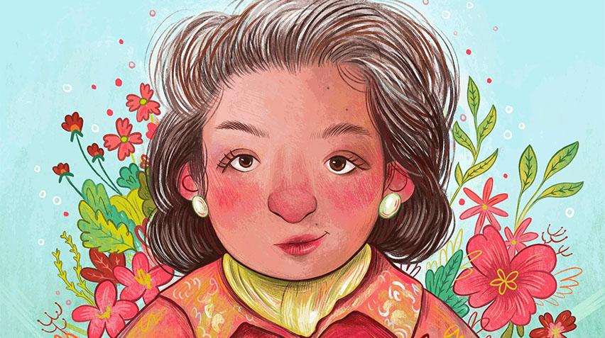 Detail of an illustration of the artist Miriam Schapiro. She is surrounded by flowers.