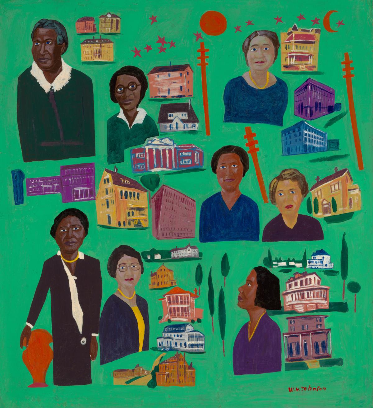 Painting of eight women beside the buildings they created.