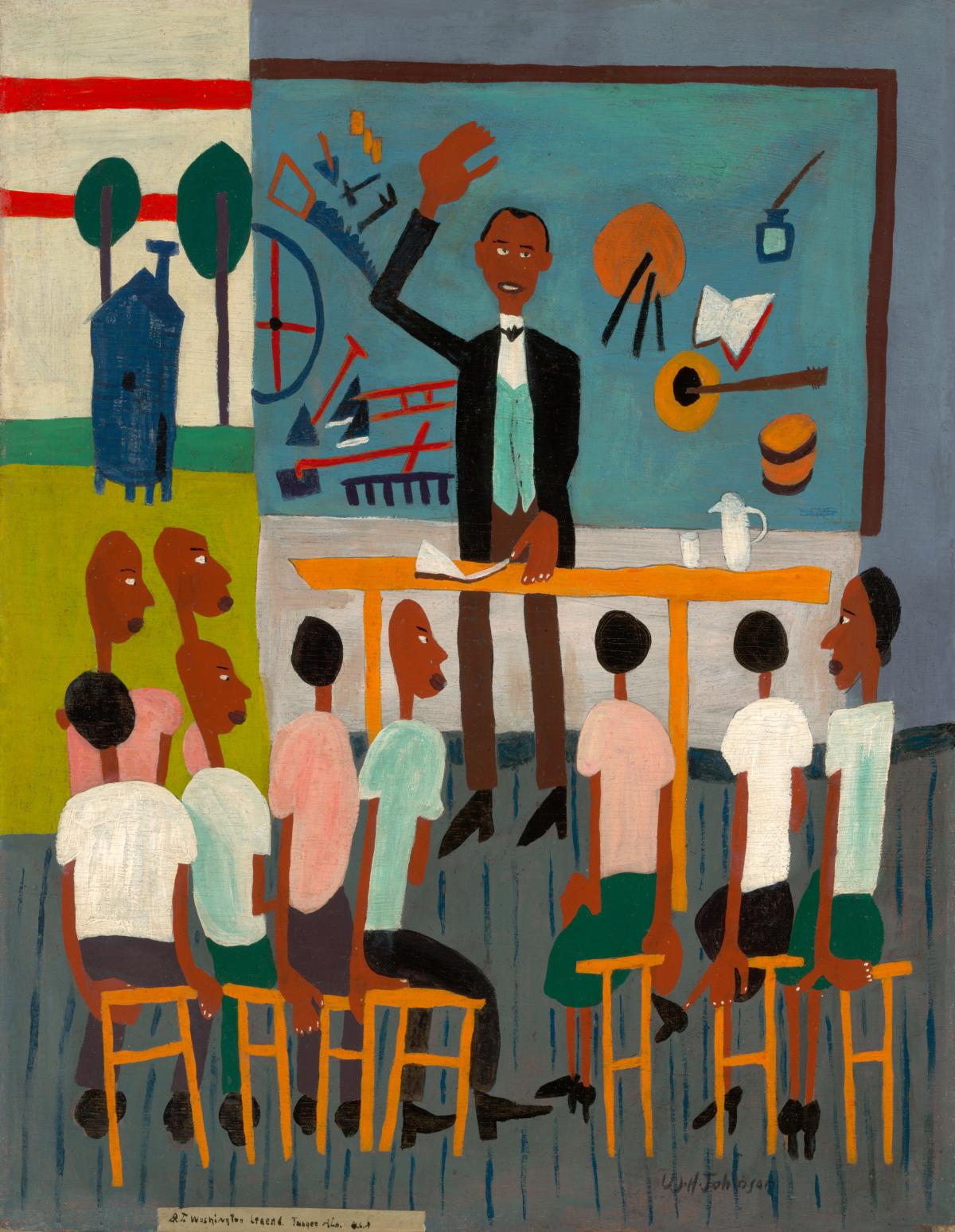 Painting of Booker T. Washington teaching a classroom of young students.