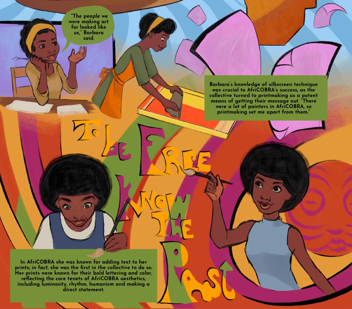 Illustrations of Barbara engaging in the Black arts scene and making work for AfriCOBRA with written description.