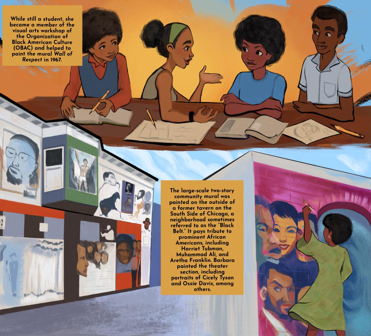 Illustrations and descriptions of Barbara meeting with OBAC members, and painting the Wall of Respect in Chicago.