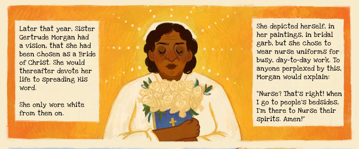 Detail of an illustration of Sister Gertrude Morgan holding yellow roses and a bible.
