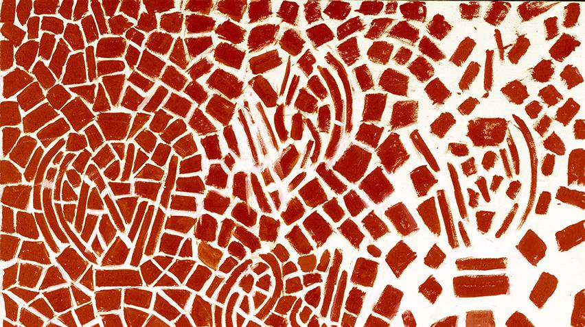 Detail of abstract painting showing red tiles of paint on a white background.