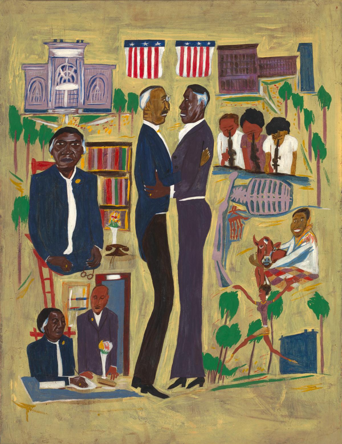 Scenes of Mary McLoud Bethune's life with two men embracing in the center.