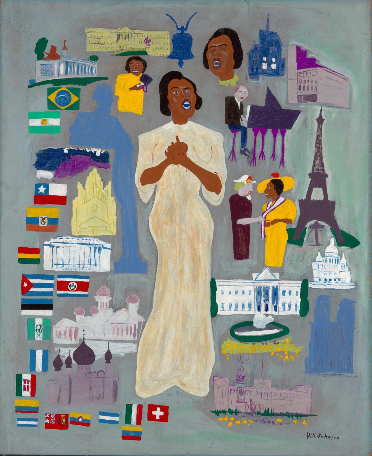 Singer Marian Anderson is surrounded by Brazilian, Chilean, Ecuadorean, and other flags. The Eiffel Tower in Paris, St. Basil's Cathedral in Moscow, St. Peter's in Rome, and other monuments Are in the background. Anderson's long-time vocal coach, Kosti Vehanen, is seated at a grand piano. 