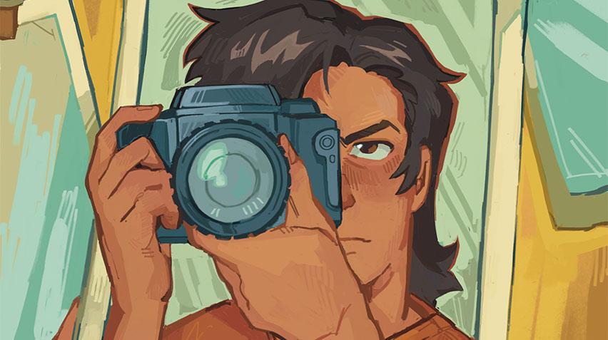 Illustration showing a person with short, brown hair. They are holding a camera up to their face.