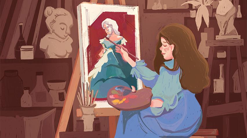 Blog - Drawn to Lilly Martin Spencer, home page crop Illustration of a girl sitting in front of a canvas. She is painting a portrait.