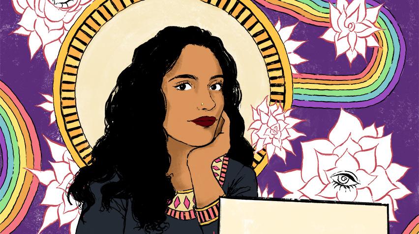 Illustration of a woman surrounded by flowers and a rainbow motif.