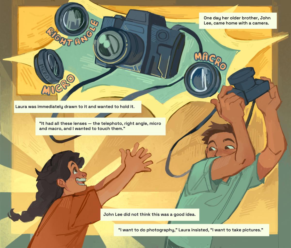 A young version of Laura stands in the bottom left corner reaching her hands up towards her older brother, who is holding the camera above his head out of reach.