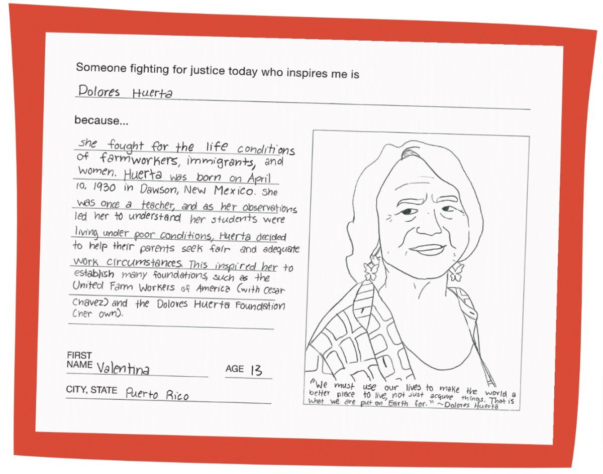 A card with a hand-drawn image of Dolores Huerta and a student's reason for choosing her as a fighter for freedom